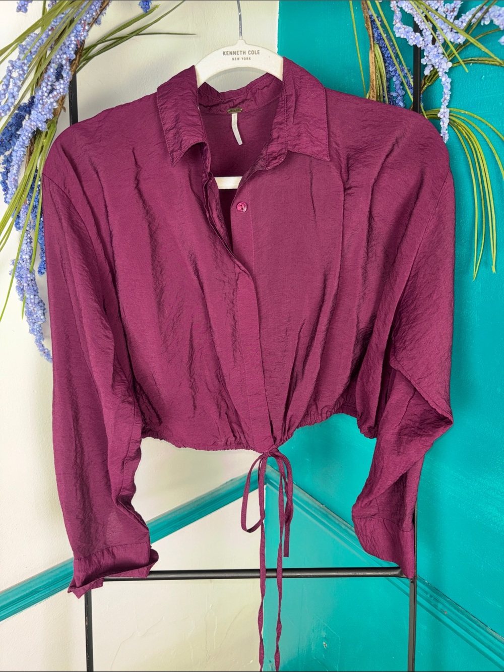 Young fabulous and broke Plum Tie-Waist Cropped Button-Down Shirt